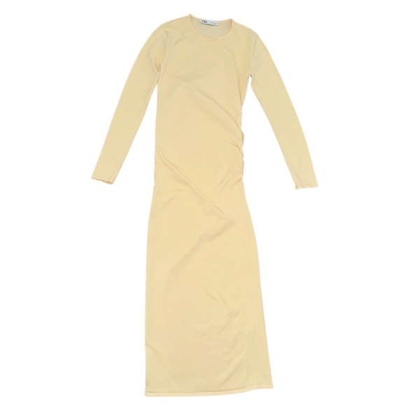 Zara Long-Sleeve Draped Knit Bodycon Midi Knee Length Dress, Cream, Size S - Picture 10 of 14